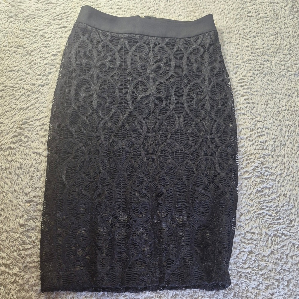 Cache Geometric Lace Pencil Skirt Black Womens Size 2 Exposed Back Zipper‎ Chic